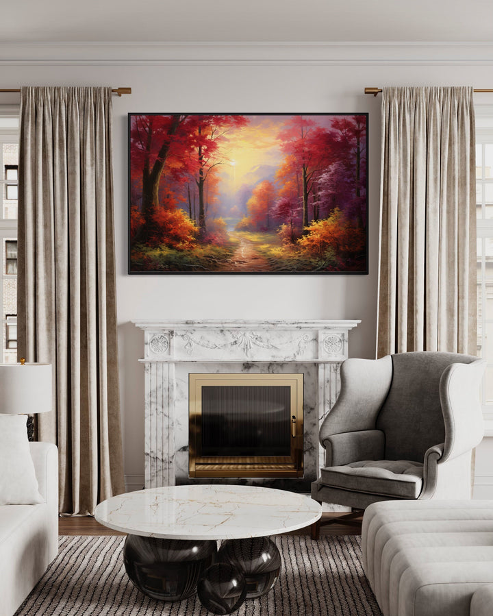 Fall Forest at Sunrise Framed Canvas Wall Art