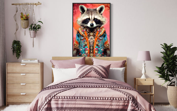 Funny Racoon In Suit Fashion Canvas Wall Art above pink bed