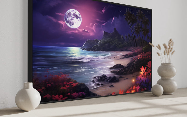 Colorful Ocean Beach At Night With Moon Framed Canvas Wall Art side view