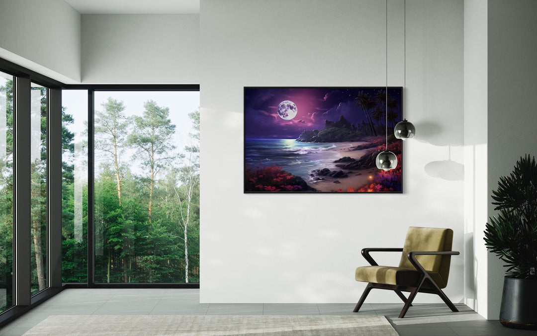 Colorful Ocean Beach At Night With Moon Framed Canvas Wall Art in living room