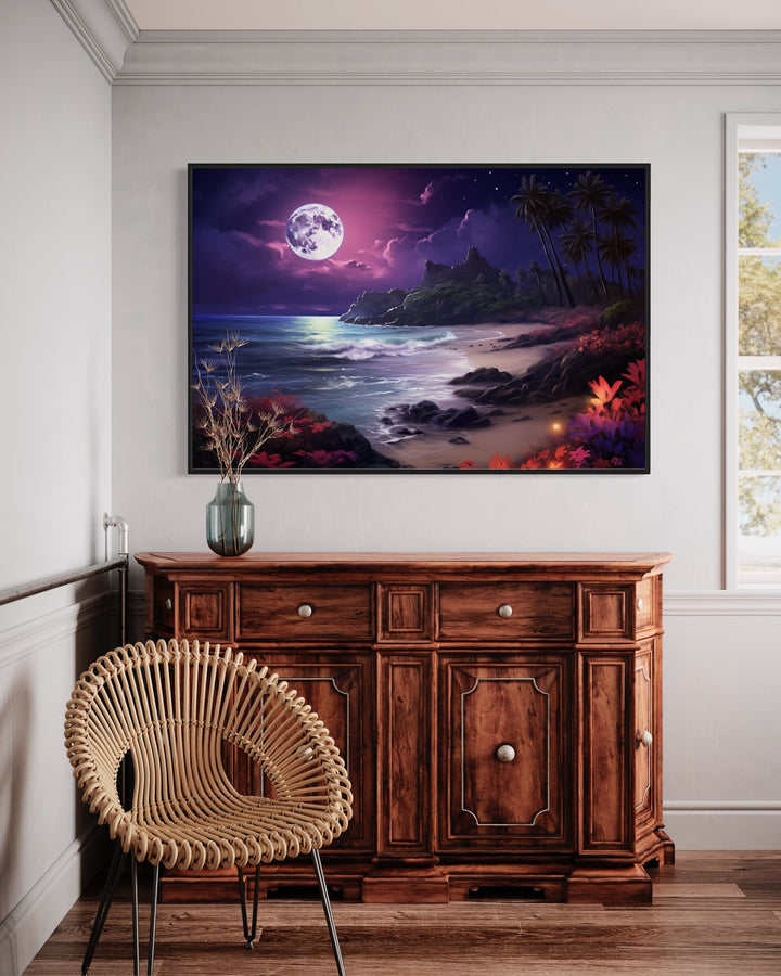 Colorful Ocean Beach At Night With Moon Framed Canvas Wall Art