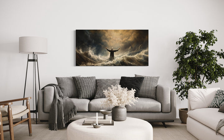 Moses Parting The Sea Framed Canvas Wall Art above couch