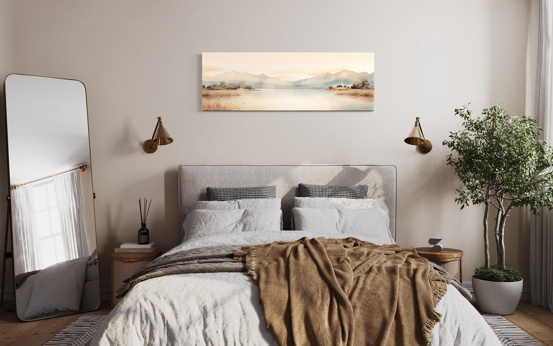 Neutral Beige Mountains Lake Long Narrow Framed Canvas Wall Art above bed