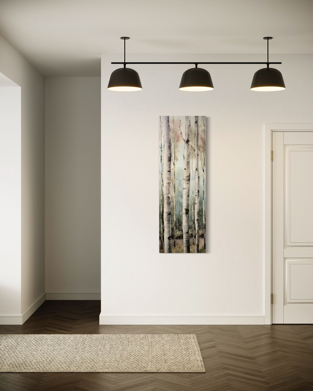 Long Narrow Vertical Watercolor Birch Trees Framed Canvas Wall Art in living room