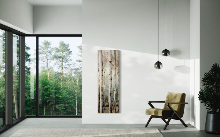 Long Narrow Vertical Watercolor Birch Trees Framed Canvas Wall Art