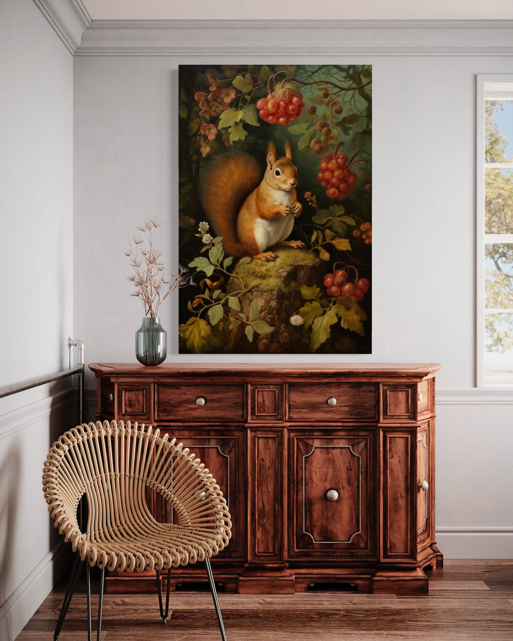 Squirrel In The Forest Forestcore Framed Canvas Wall Art above dresser