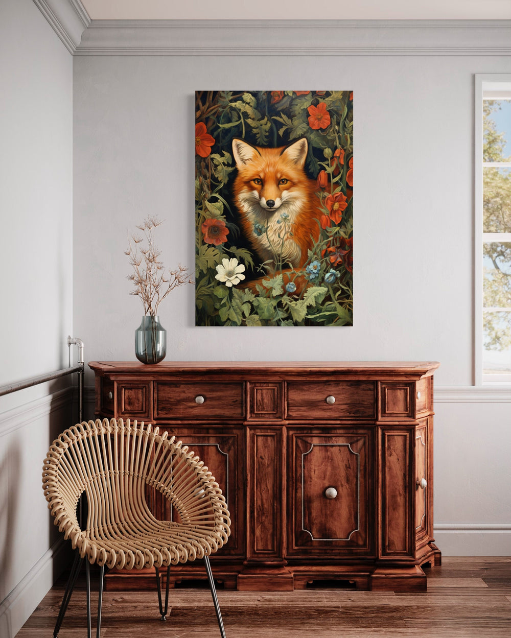 Fox In The Forest Moody Painting Cottagecore Wall Art in bedroom