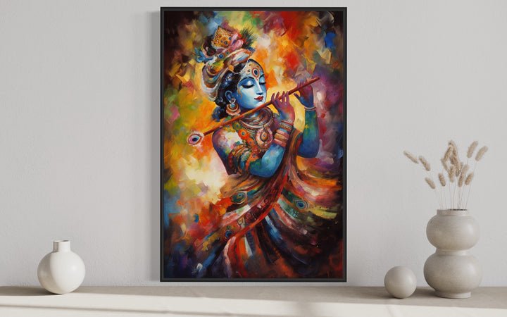 Lord Krishna Colorful Painting Indian Wall Art 'Celestial Rhapsody' close up