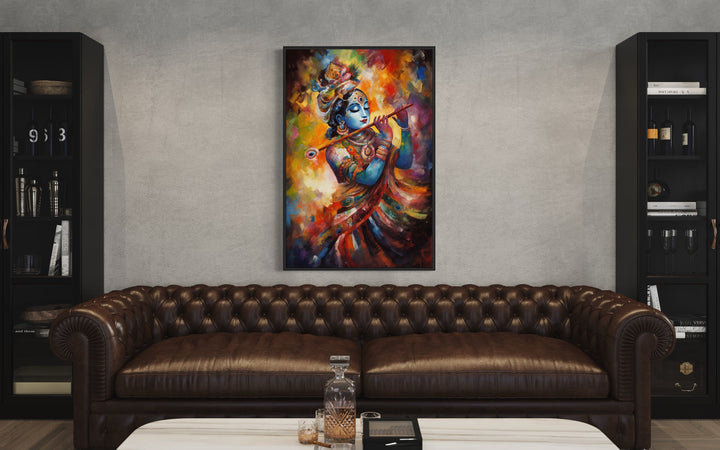 Lord Krishna Colorful Painting Indian Wall Art 'Celestial Rhapsody' in modern room