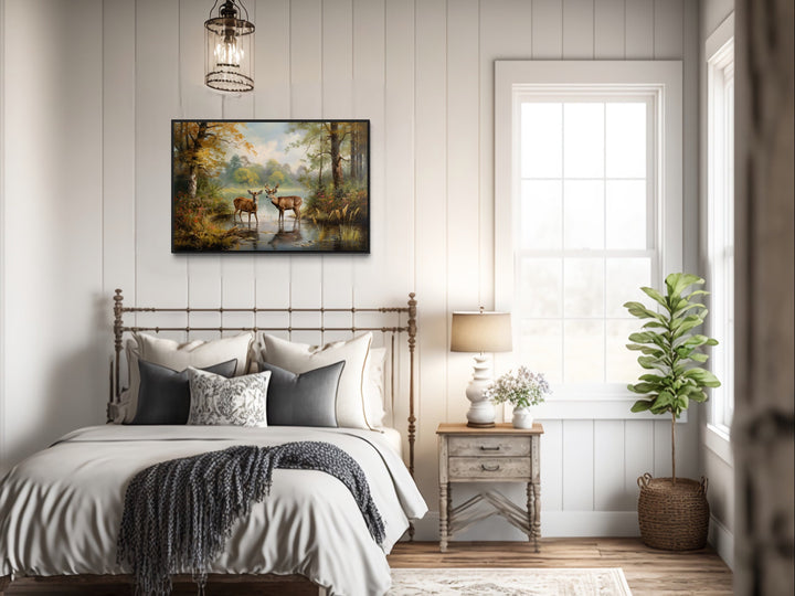 Doe And Buck In The Forest Framed Canvas Wall Art in rustic bedroom