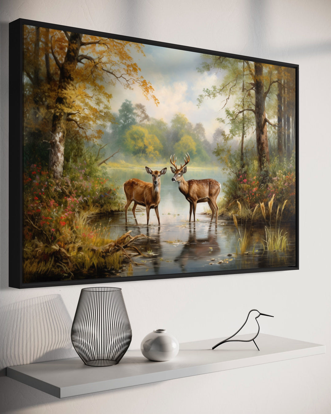 Doe And Buck In The Forest Framed Canvas Wall Art side view