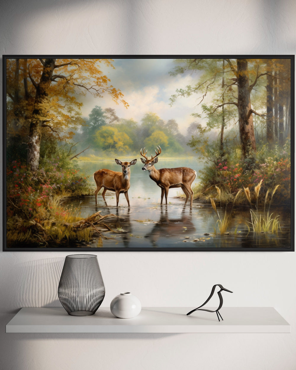 Doe And Buck In The Forest Framed Canvas Wall Art close up