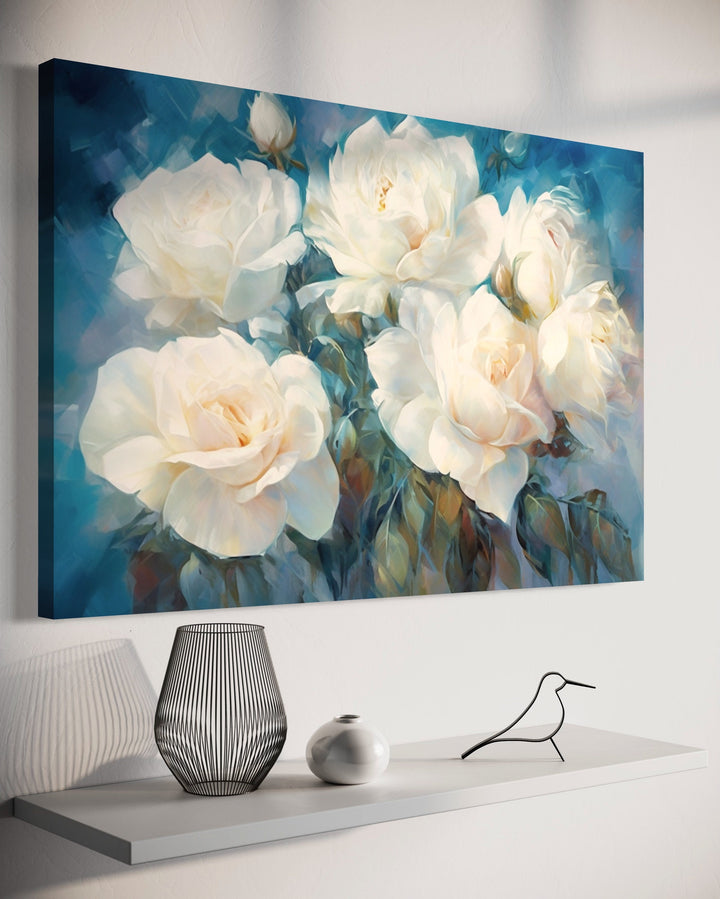 White Roses on Blue Background Abstract Framed Canvas Wall Art side view