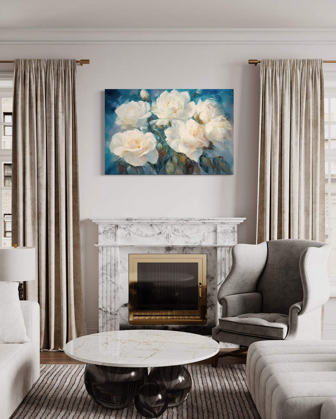 White Roses on Blue Background Abstract Framed Canvas Wall Art