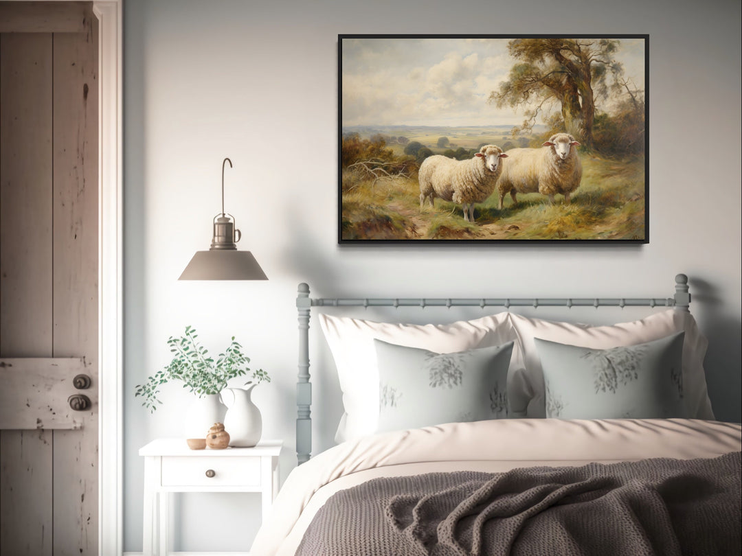 Vintage Pastoral Painting Two Sheep In The Meadow Canvas Wall Art above bed