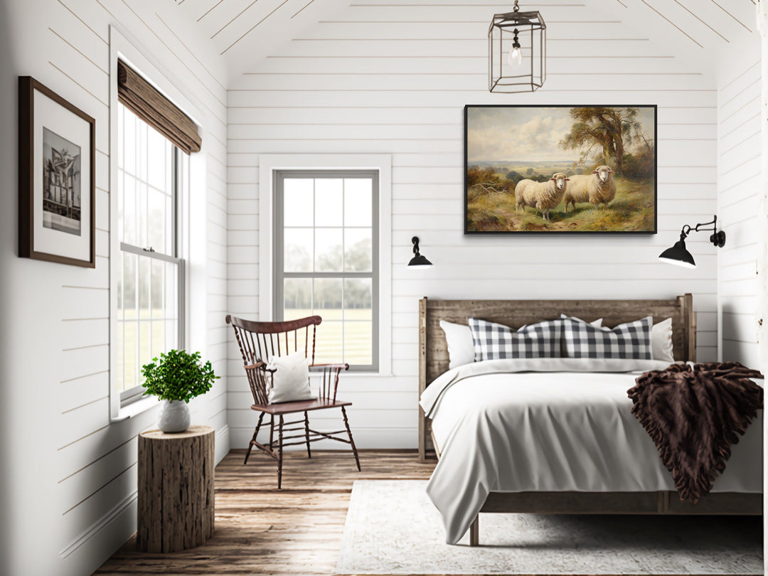 Vintage Pastoral Painting Two Sheep In The Meadow Canvas Wall Art in farmhouse