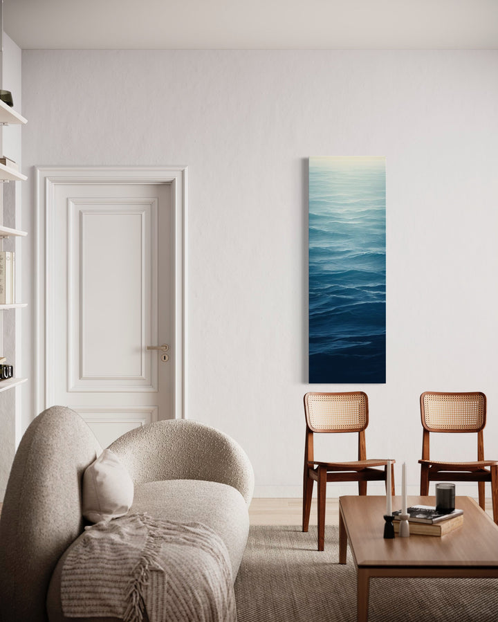 Long Narrow Ocean Waves Navy Blue Vertical Framed Canvas Wall Art in living room