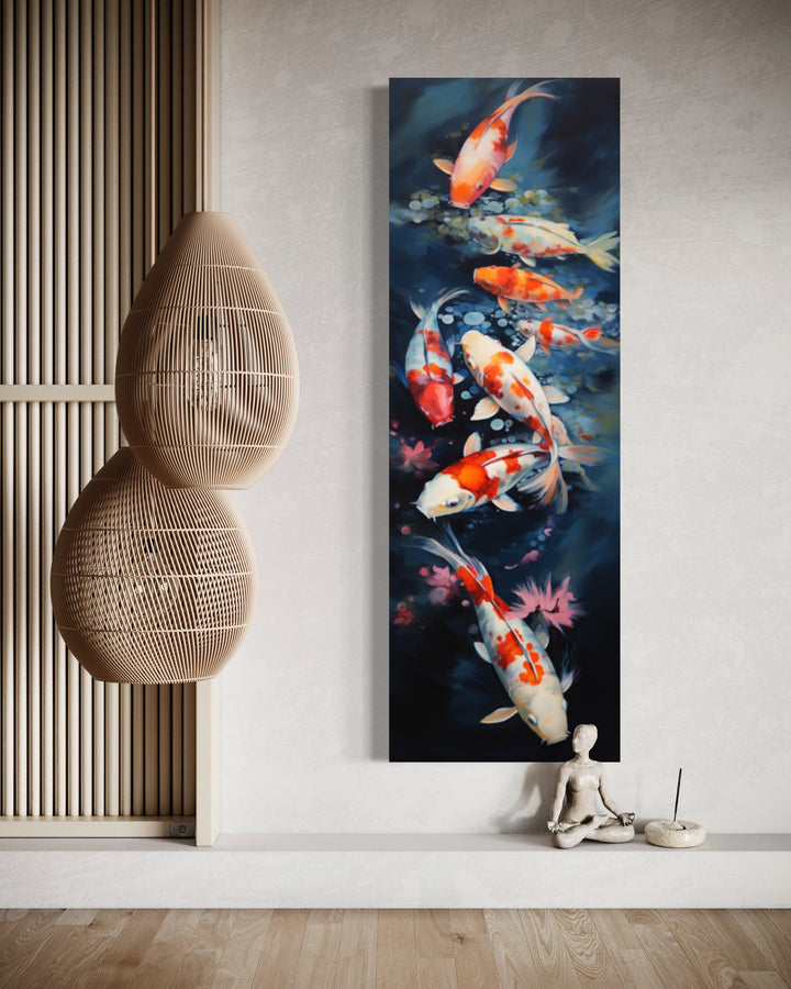 Tall Narrow Koi Fish Vertical Navy Blue Framed Canvas Wall Art