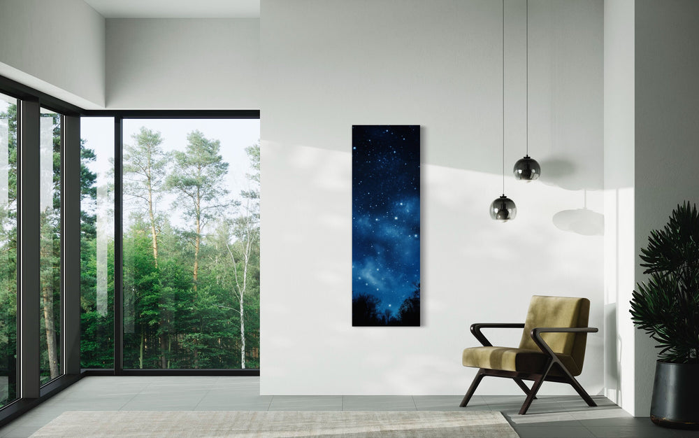 Tall Narrow Milky Way Stars Navy Blue Vertical Framed Canvas Wall Art in living room