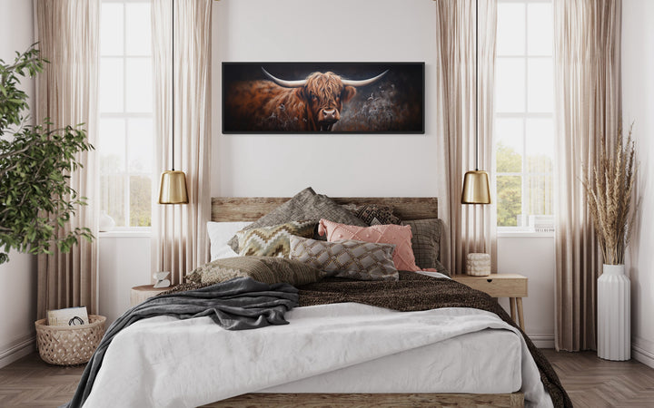 Dark Highland Cow In Grass Long Horizontal Canvas Wall Art in bedroom