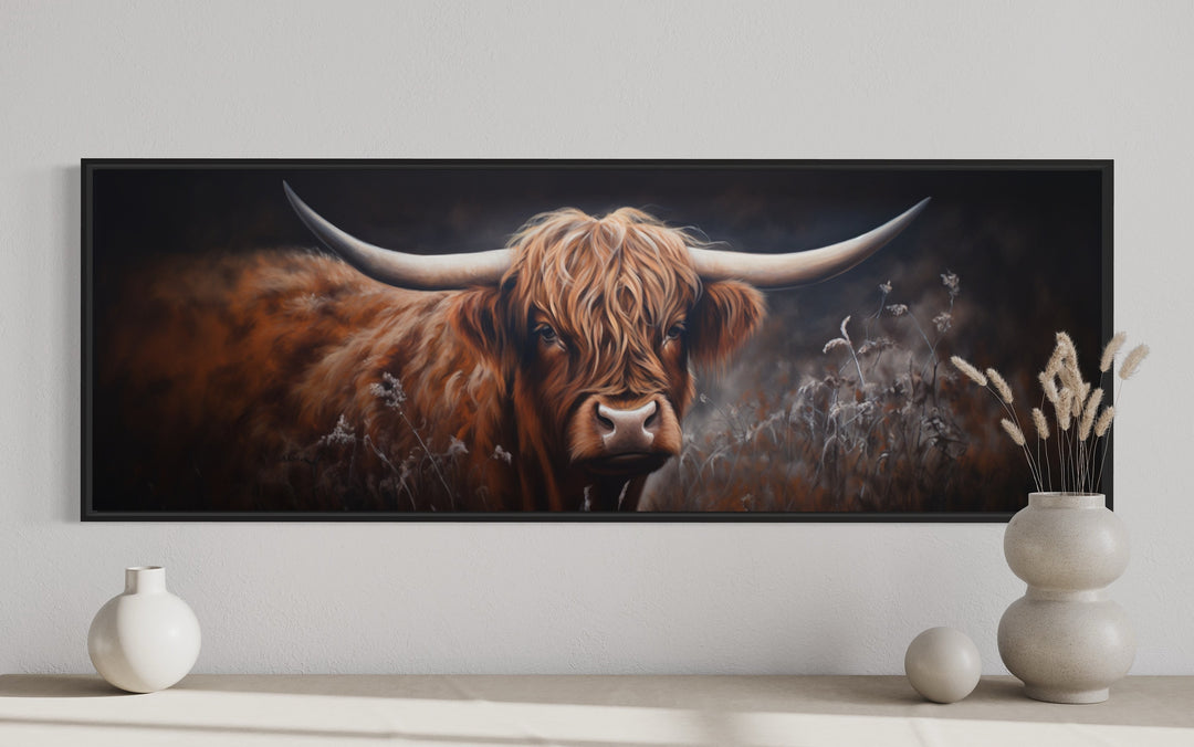 Dark Highland Cow In Grass Long Horizontal Canvas Wall Art close up