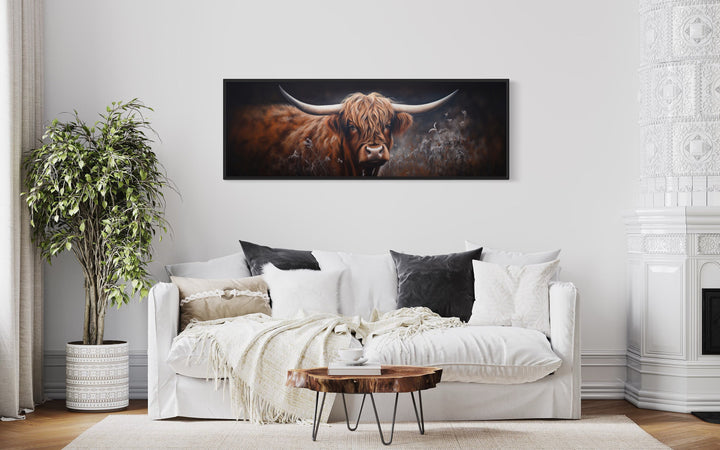 Dark Highland Cow In Grass Long Horizontal Canvas Wall Art