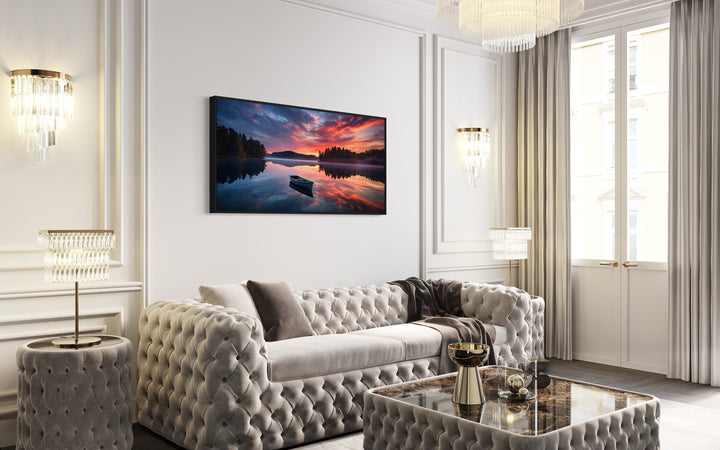 Lake With Boat at Sunset Framed Canvas Wall Art above couch