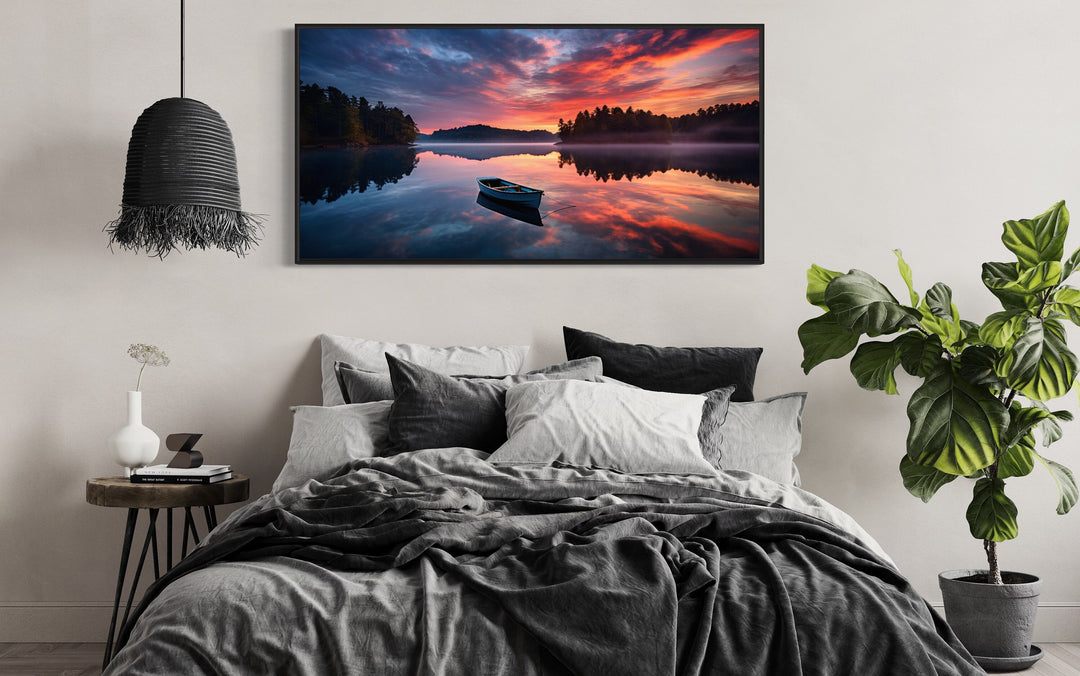 Lake With Boat at Sunset Framed Canvas Wall Art