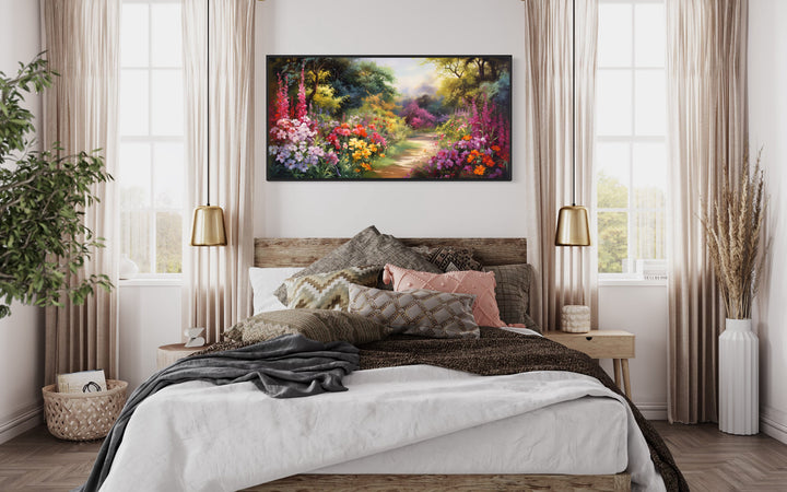 Antique Flower Garden Colorful Framed Canvas Wall Art above bed