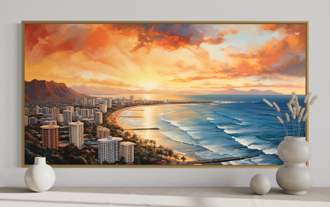 Waikiki Coast At Sunrise Hawaii Framed Canvas Wall Art close up