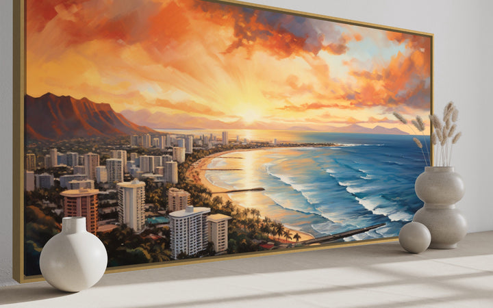 Waikiki Coast At Sunrise Hawaii Framed Canvas Wall Art side view