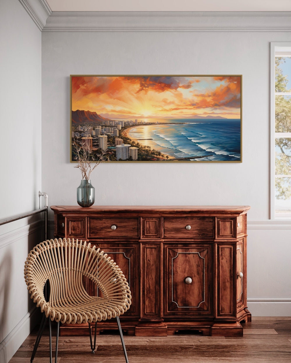 Waikiki Coast At Sunrise Hawaii Framed Canvas Wall Art in bedroom