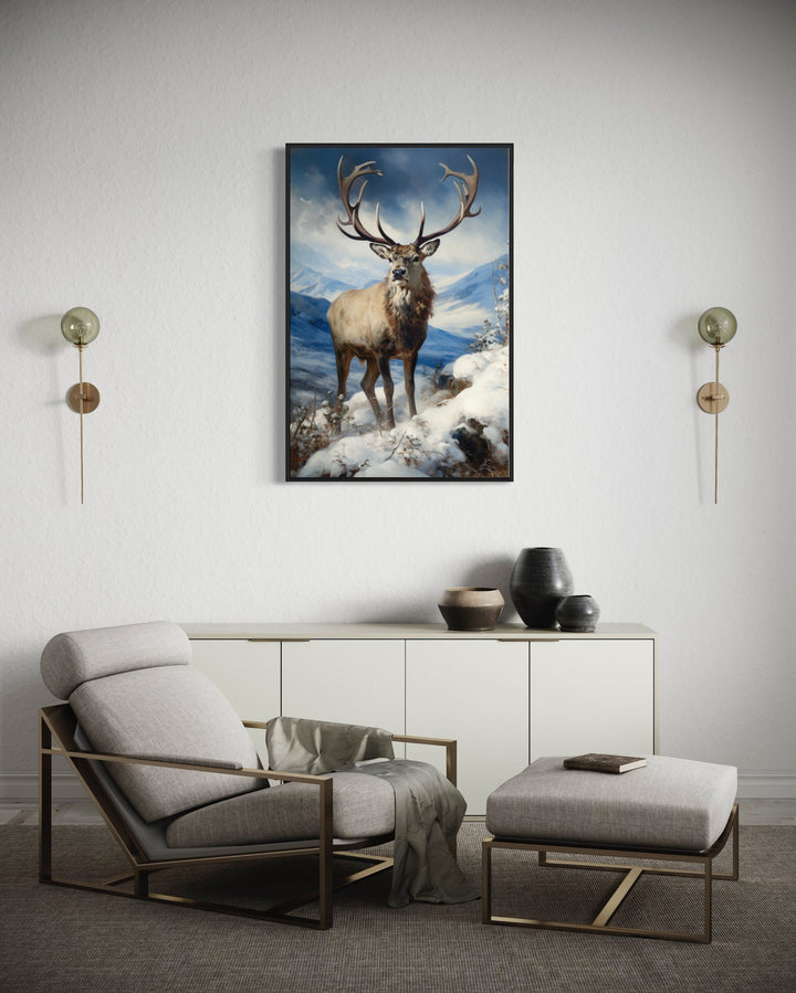 Elk in Snowy Mountains Wall Art in modern room