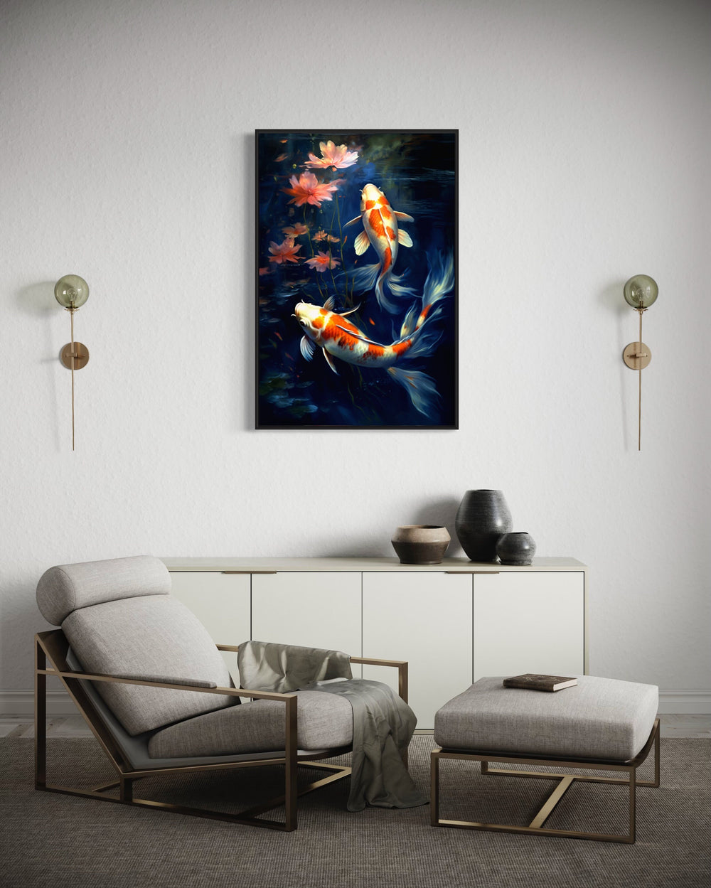 Koi Fish On Blue Feng Shui Wall Art in living room