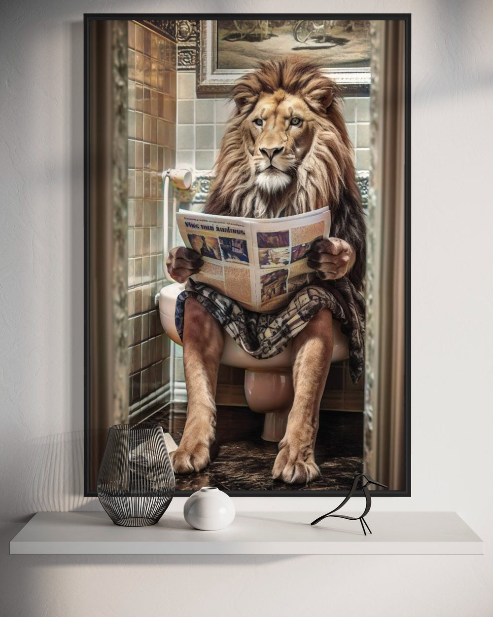 Lion on Toilet Reading Newspaper Framed Canvas Wall Art