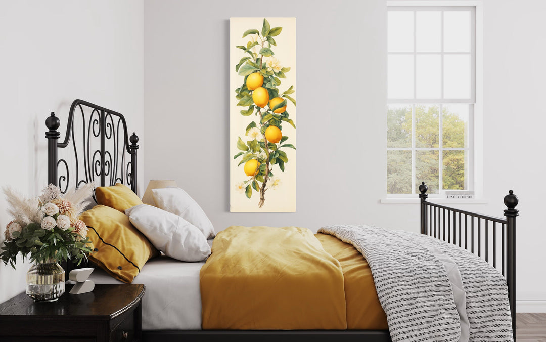 Long Vertical Lemon Tree Watercolor Wall Art in yellow bedroom