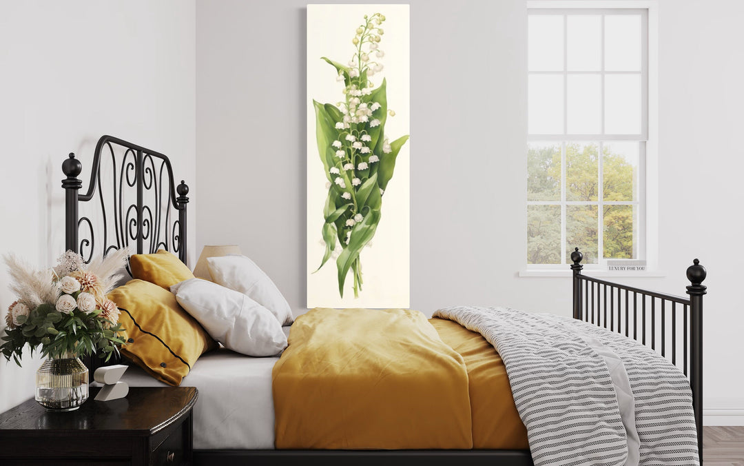 Long Vertical Lily of The Valley Watercolor Wall Art in bedroom