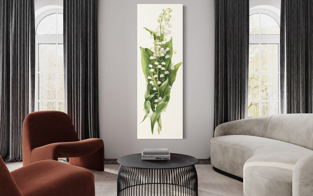 Long Vertical Lily of The Valley Watercolor Wall Art in living room