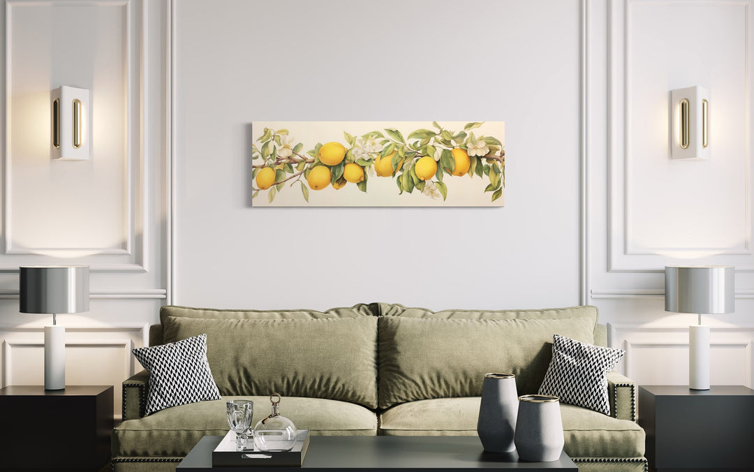 Vintage Lemon Tree Panoramic Wall Art above green couch