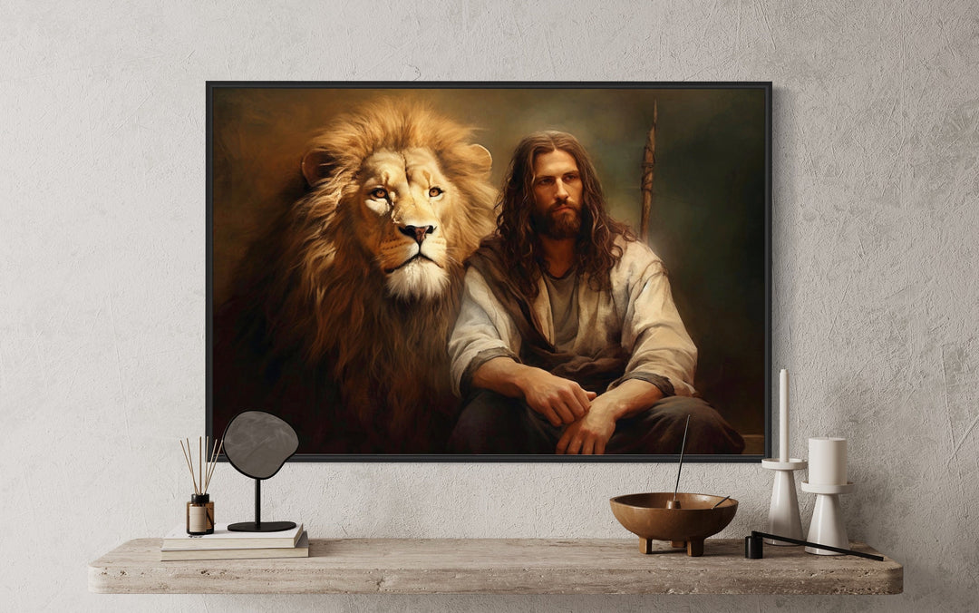 Jesus And The Lion Christian Framed Canvas Wall Art