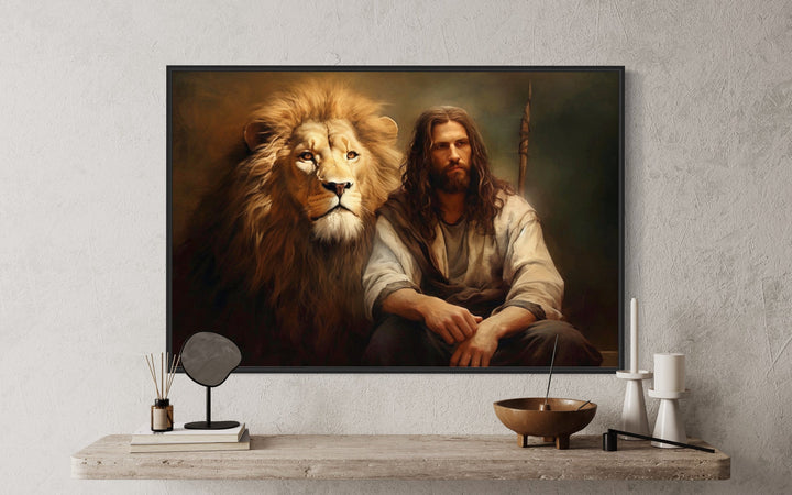 Jesus And The Lion Christian Framed Canvas Wall Art