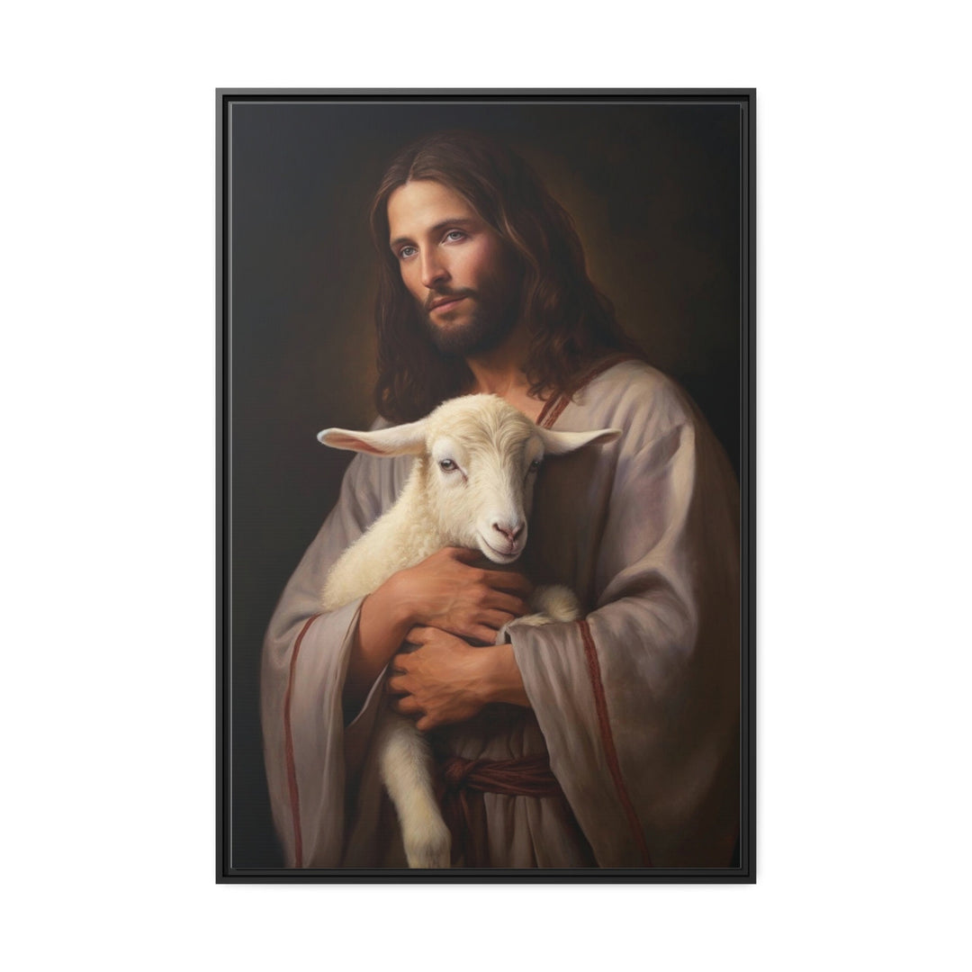 Jesus And Lamb Framed Canvas Wall Art close up