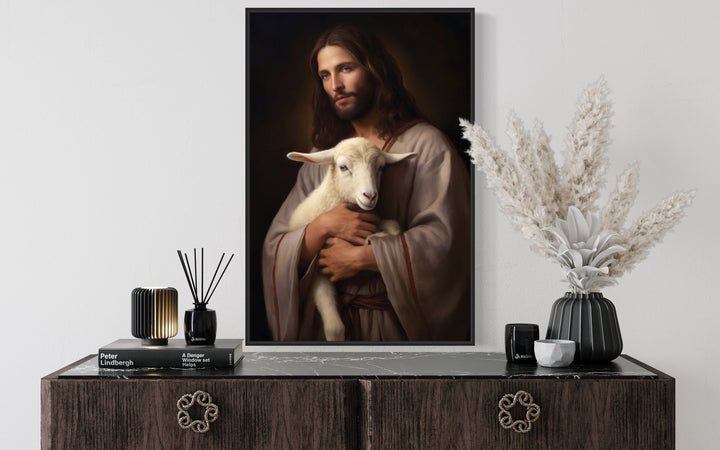 Jesus And Lamb Framed Canvas Wall Art above dresser