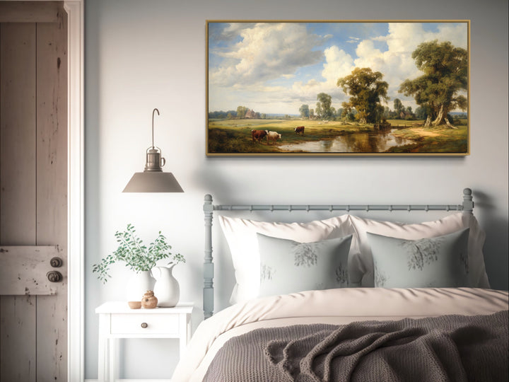 Vintage Country Pastoral Landscape With Cows Framed Canvas Wall Art above bed