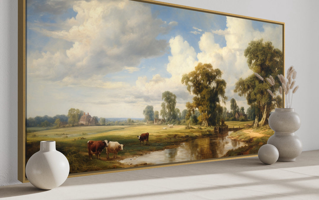 Vintage Country Pastoral Landscape With Cows Framed Canvas Wall Art side view