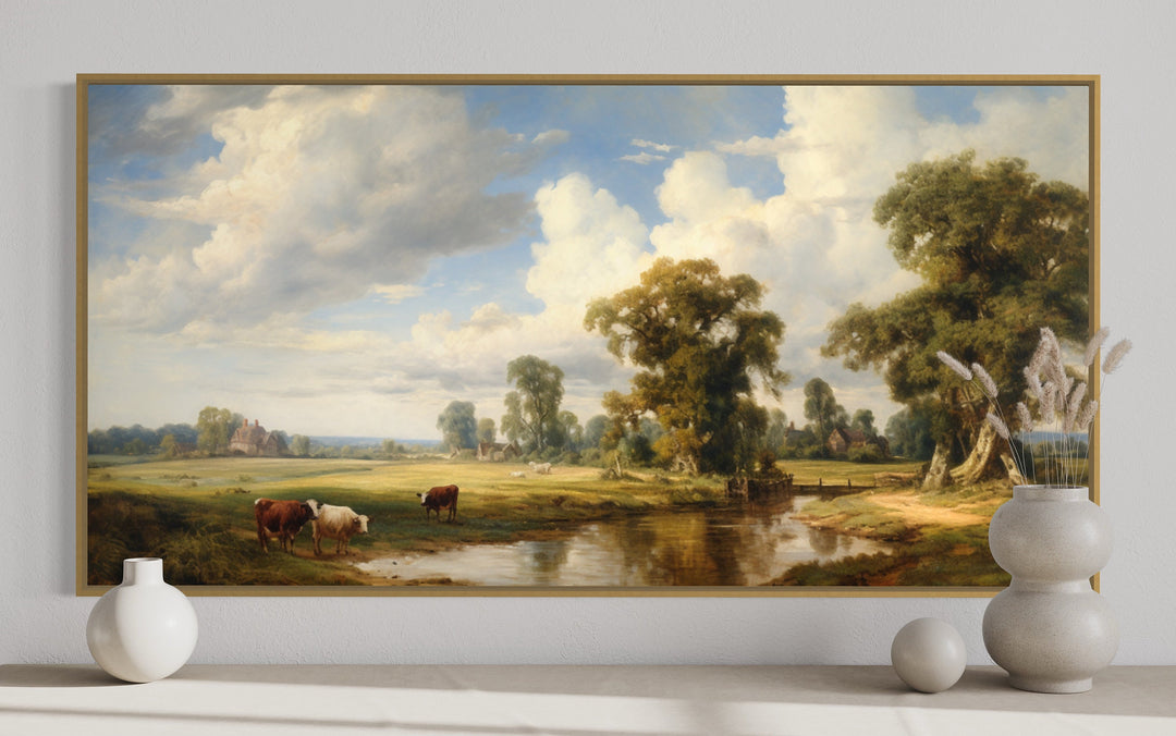 Vintage Country Pastoral Landscape With Cows Framed Canvas Wall Art close up