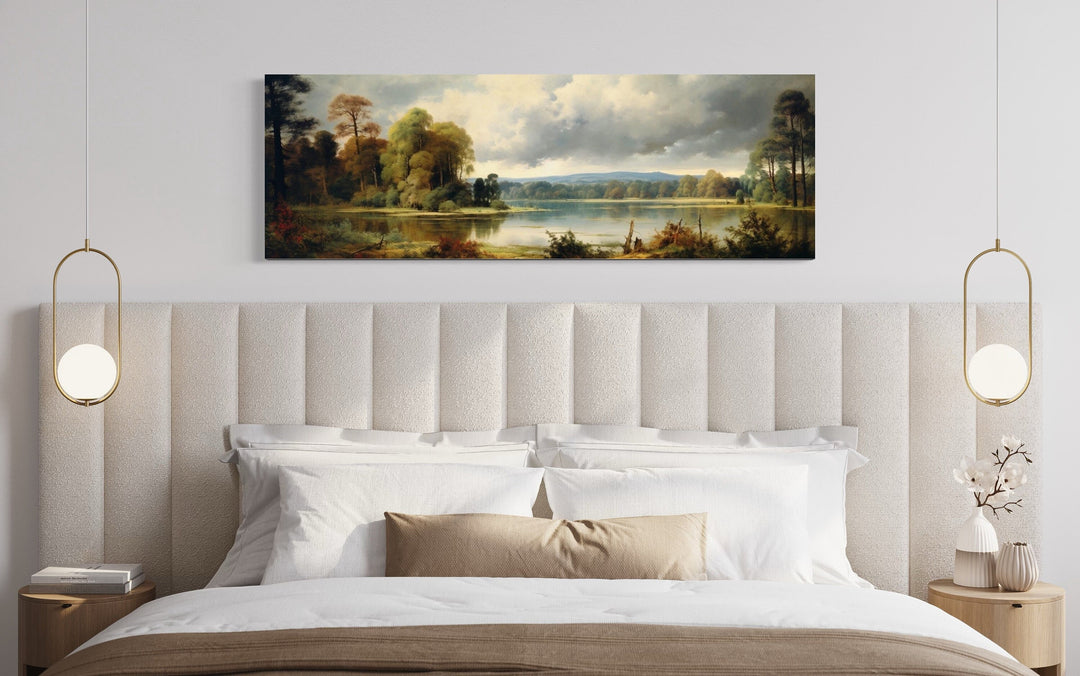 Vintage Painting Nature Landscape Lake And Forest Narrow Horizontal Wall Art