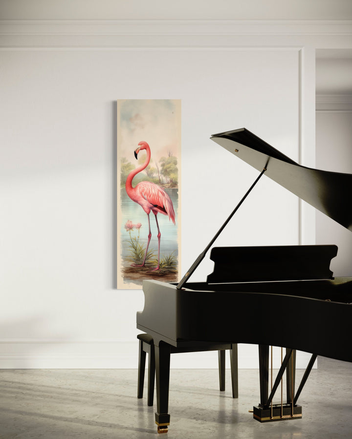 Flamingo At The Beach Narrow Vertical Framed Canvas Wall Art in music room