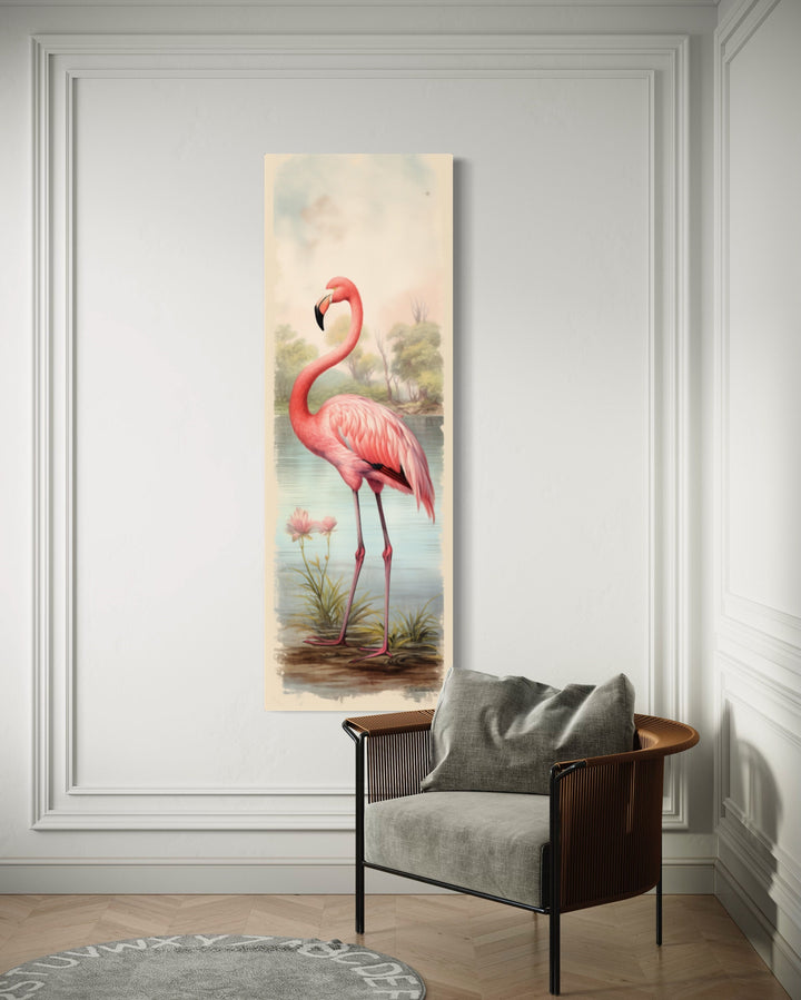 Flamingo At The Beach Narrow Vertical Framed Canvas Wall Art