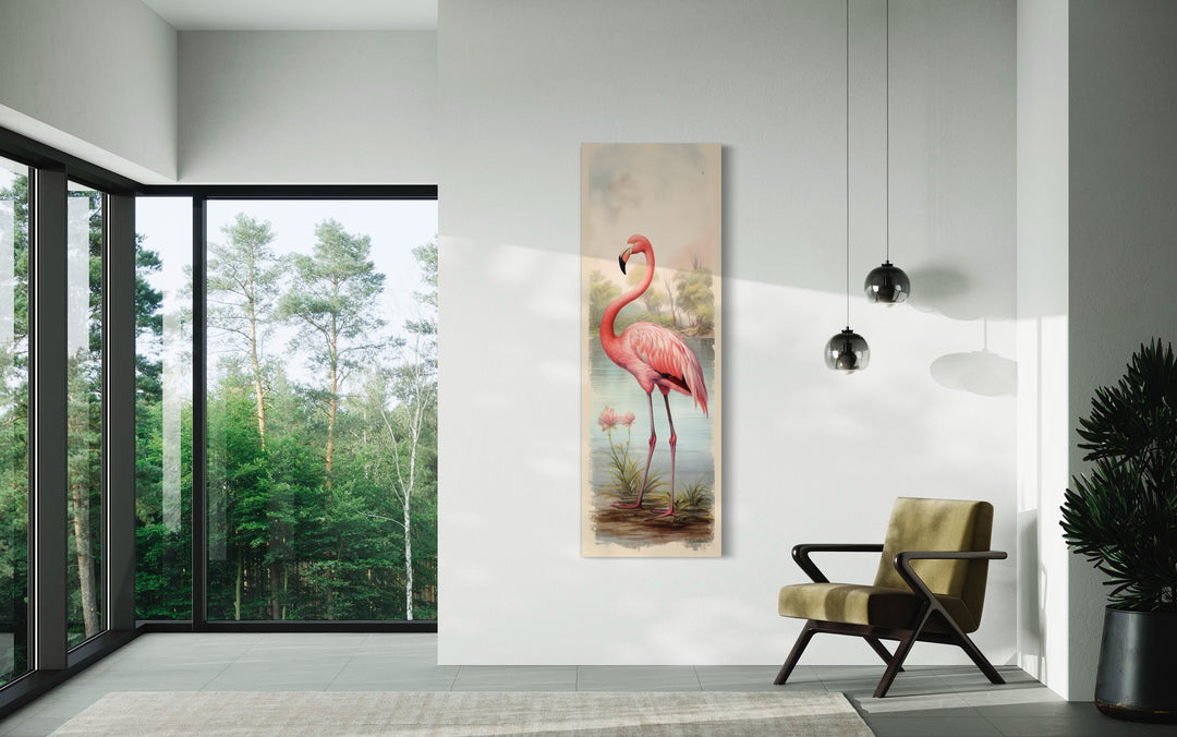 Flamingo At The Beach Narrow Vertical Framed Canvas Wall Art on large wall